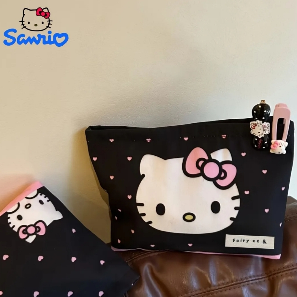 Hello Kitty Black, Pink & White Makeup Travel Pouch with Hearts